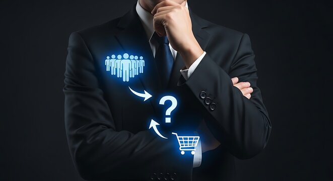 Businessman in black suit with glowing of people and shopping cart