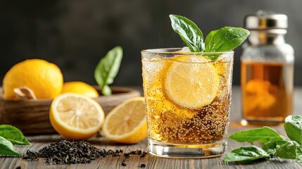 Fototapeta premium Refreshing glass of iced tea with lemon slices and fresh mint leaves on a rustic wooden table with scattered tea leaves and lemons in soft lighting