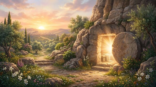 Glorious sunrise illuminating an empty ancient tomb, symbolizing profound hope and new life in a tranquil, spiritual landscape with olive groves and vibrant wildflowers