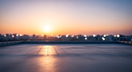 Fototapeta premium Empty rooftop terrace with city skyline view at sunset