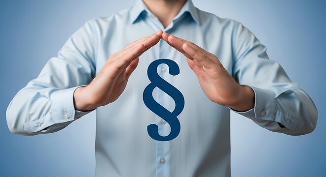 Person in light blue shirt protecting large blue currency symbol with hands