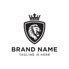 Obraz premium A minimalist black and white logo design featuring a roaring lion head inside a classic shield
