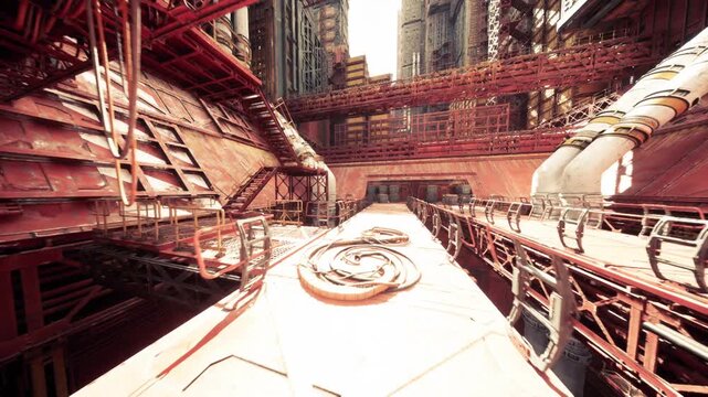 Dramatic exit passage toward daylight with converging rails and overhead pipes, cinematic contrast of light and shadow, ideal for narrative scenes, escape route