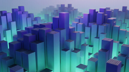 Fototapeta premium A futuristic 3D cityscape with blue and green skyscrapers and buildings against a gray background with a cinematic feel.