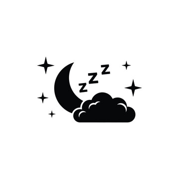 A crescent moon sleeps on a cloud under starry night sky