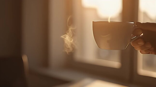 A hot coffee cup on a table with steam forming a heart shape, soft morning light, cozy atmosphere, simple composition, lifestyle concept, clean background, warm tones, minimal aesthetic, calm mood, ev