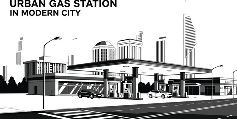 Modern gas station vector illustration with city skyline, fuel pumps at urban service station, minimalist architectural design, petrol station icons, highway. © Foredul