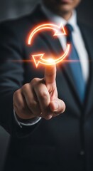 Businessman pressing glowing circular arrows on virtual interface 1