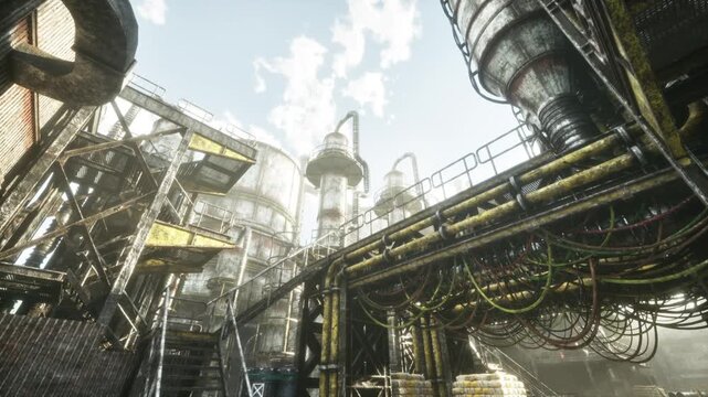 bright industrial skyline under pale sky, towering cylinders and glassy towers connected by elevated walkways, complex mesh of pipes and cables bathes in soft