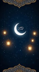 Fototapeta premium Beautiful Eid Crescent Moon and Lanterns in Starry Night Sky.