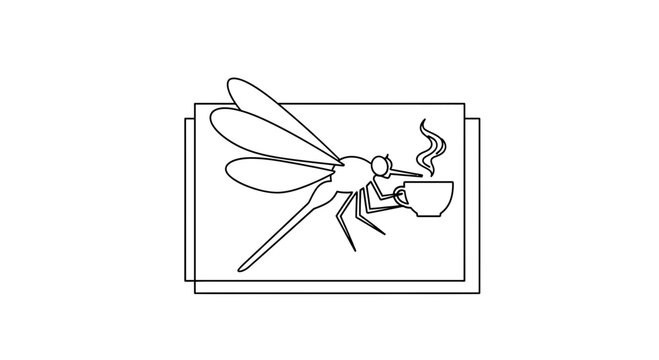 Mosquito drinking coffee, funny insect character, morning routine, hot beverage, line art illustration