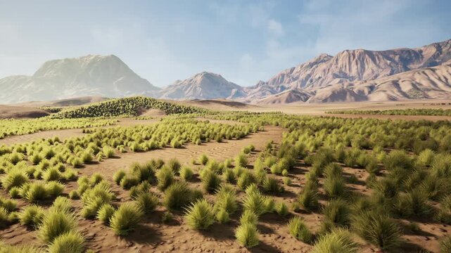 Conservation corridor with young shrubs and mountain backdrop, soft light reveals planting rows and habitat connectivity, emphasis on recovery, stewardship