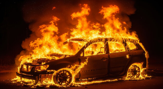 A stationary silver passenger vehicle is engulfed in intense flames during the dark of the night