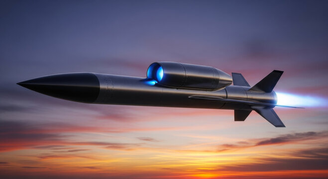 A sleek modern hypersonic cruise missile flying through the colorful clouds during a vibrant golden hour sunset