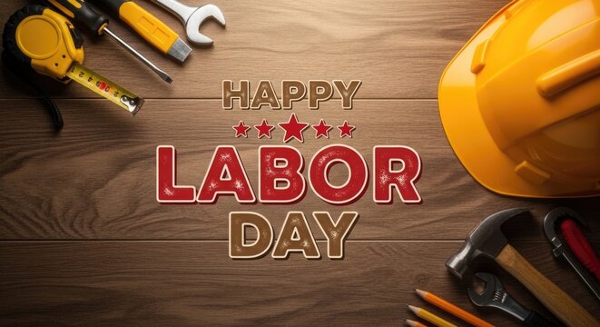 Happy labor day celebration with construction tools and hard hat