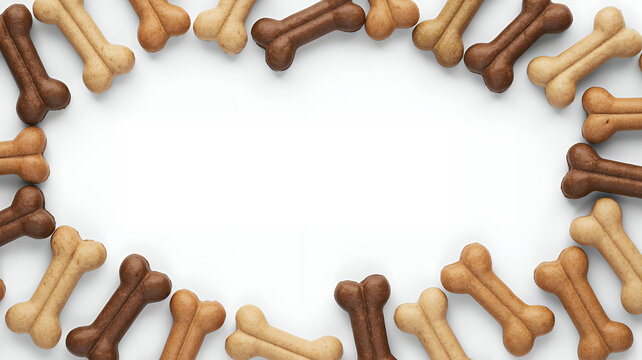Border of dog bone treats on white