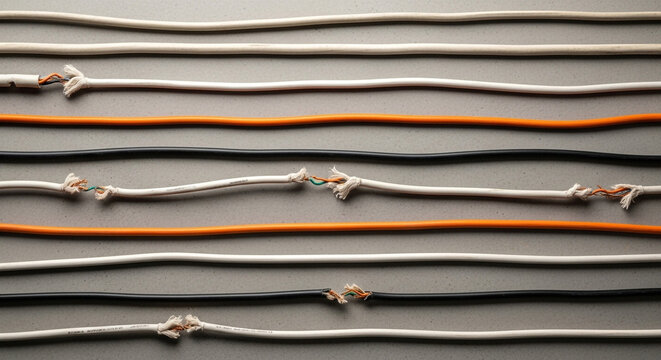 Damaged network cables with exposed wires on a gray surface