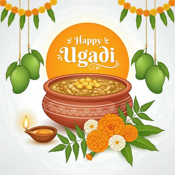 Ugadi Festival Poster: Traditional Puran Poli Pot, Mangoes, Neem Leaves, Marigolds, and Lit Diya on White Background