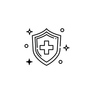 A medical shield icon with a cross surrounded by sparkles and circles.