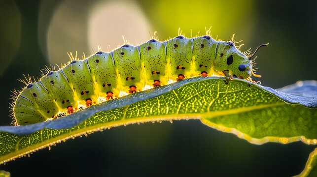 Bright green caterpillar crawling on fresh leaf illuminated by gentle morning sunlight macro nature scene.