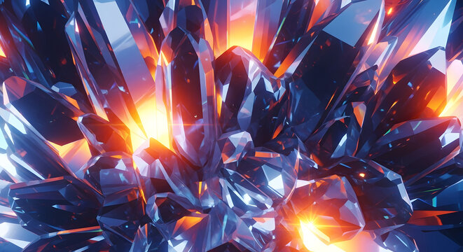 A close-up view of a vibrant crystal formation with bright orange lights