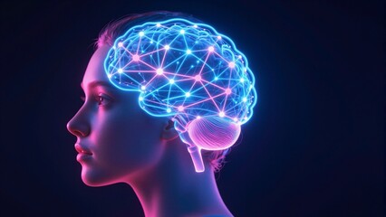 Obraz premium A woman's profile with a glowing neon brain network, symbolizing technology, creativity, and mental connectivity in a futuristic design.
