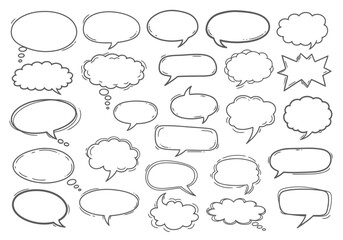 Fototapeta premium Empty speech bubbles and thought clouds hand drawn doodles collection