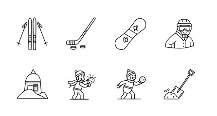 Fototapeta premium A set of eight black and white line art illustrations depicting various winter sports and activities