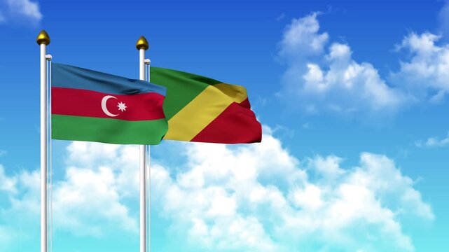 Waving flags of AZERBAIJAN and CONGO Republic on pole included with alpha