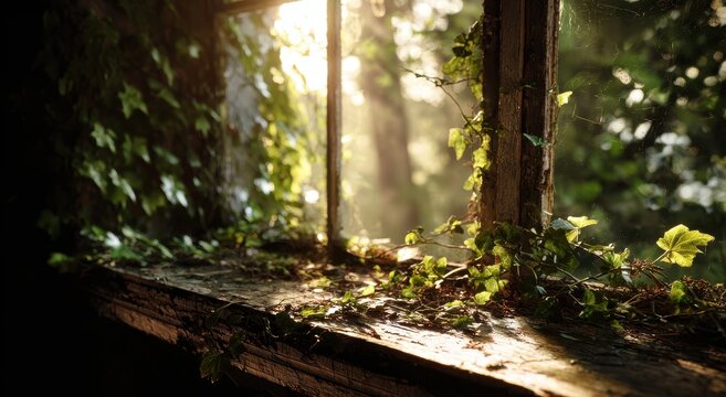 Sunlit Window Sill Overgrown with Ivy, Rustic Charm, Abandoned Beauty.