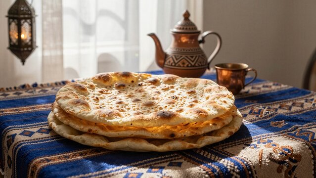 A stack of freshly baked Moroccan msemen flatbreads on a patterned tablecloth with copper teapot and lantern in soft focus.