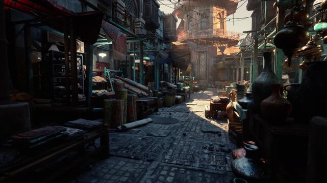 moody cobblestone market street at dusk with amber glow, empty stalls and stacked pottery along shadowed storefronts, wet pavement reflections and distant