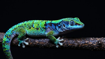 Naklejka premium A vibrant green and blue gecko with intricate patterns perches on a dark branch against a black background, showcasing its vivid colors in high detail.