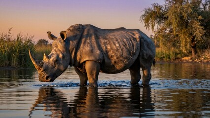 Fototapeta premium A majestic white rhinoceros drinking from a pond during the warm glow of sunset, with soft focus on lush greenery and reflective water.