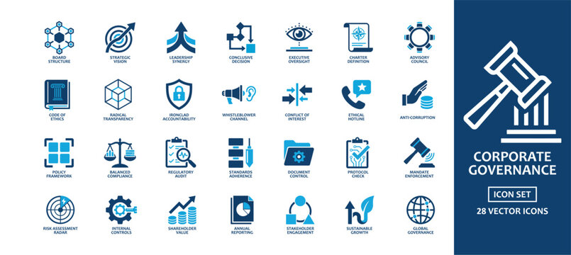 Corporate Governance and Business Ethics solid icon set featuring icons for Board Structure, Strategic Vision, Leadership Synergy, Regulatory Audit, and Anti-Corruption for professional management use
