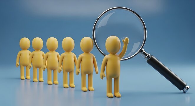 Yellow 3 D figures under a magnifying glass on blue background 1