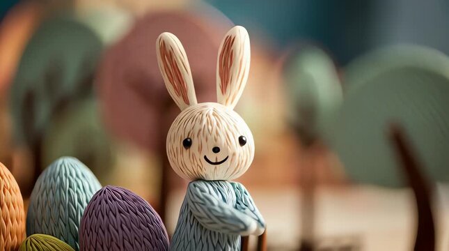 A cute cartoon Easter bunny with fluffy ears surrounded by colorful Easter eggs in a playful spring holiday setting