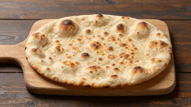 A freshly baked golden khobz flatbread on a wooden cutting board, showcasing its rustic texture and charred spots. The scene is set against a dark wood background with soft focus.