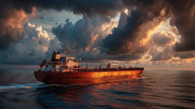 large merchant vessel in Strait of Hormuz under dramatic cloudy sky, cinematic maritime, Golden sunset paints vast ocean, casting fiery hues across clouds. Large tanker glides calmly, reflecting warm 