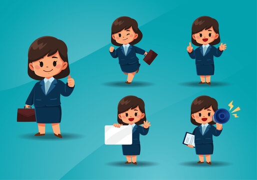 Cute businesswoman character set in skirt suit, professional female office worker mascot vector.