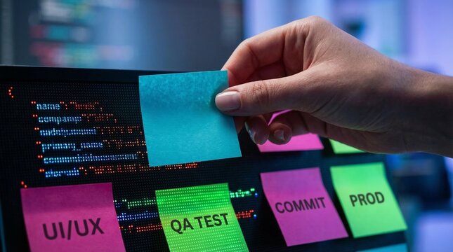 Close-up of a person's hand placing a sticky note on a computer screen displaying code and sticky notes for UI/UX, QA test, and commit