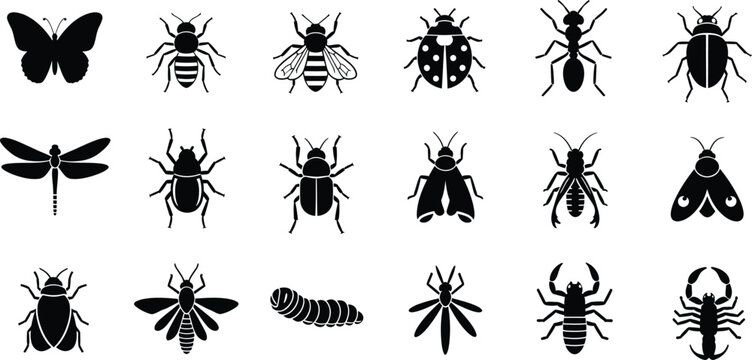 A comprehensive collection of black silhouette icons representing various insects and arthropods