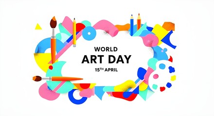Naklejka premium A colorful illustration celebrating World Art Day with paintbrushes and vibrant shapes