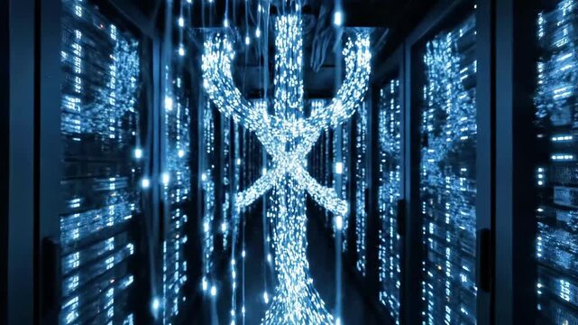 A vibrant digital illustration of glowing blue lines and dots intersecting in a futuristic dark background