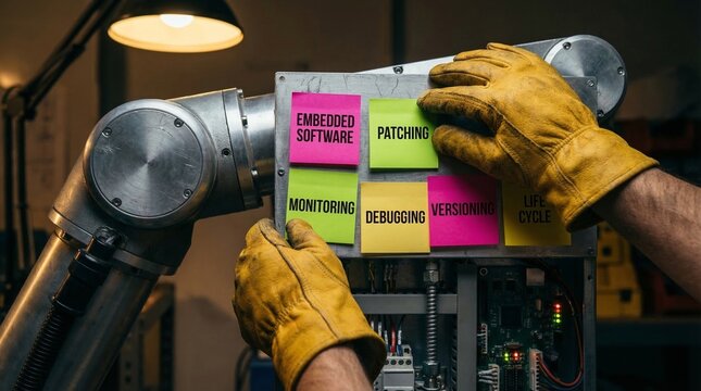 Gloved hands apply development tasks like embedded software, patching, and debugging notes to a sophisticated robotic arm, illustrating human-robot collaboration in advanced industrial technology