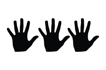 Fototapeta premium Three black silhouettes of hands with palms facing forward and fingers spread apart on white background for design and communication purposes.