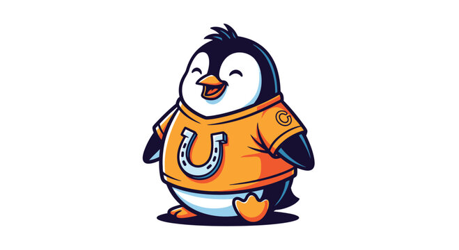 Cartoon Penguin Mascot Wearing Horseshoe Jersey with Cheerful Expression.