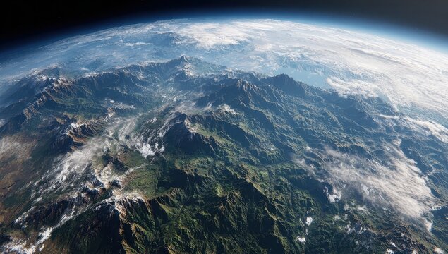 Earths Majestic Curve - A Stunning View from Space, Revealing Mountain Ranges and Cloud Formations.