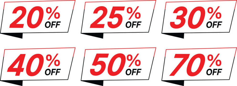 Red and black sale discount labels showing 20 25 30 40 50 70 percent off percentage