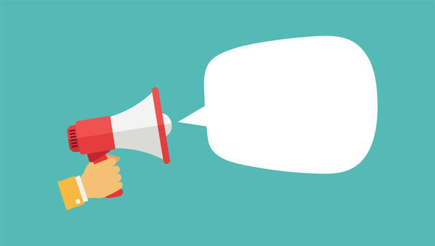 Hand holding red and white megaphone with blank white speech bubble on teal background speaking